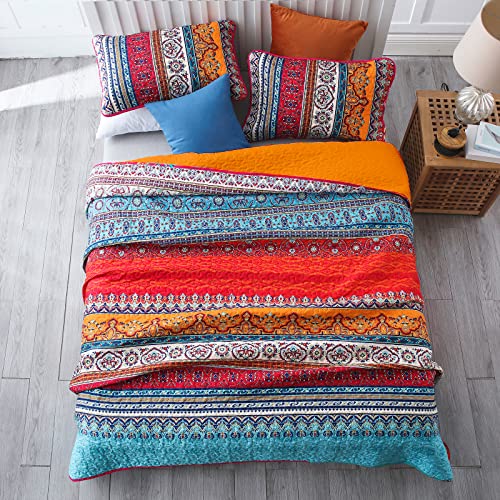 WONGS BEDDING Boho Queen Quilt Set, Orange and Blue Bohemian Queen Quilt Bedding Set, Lightweight Bed Decor Bedspread for All Season 96"x90"(3 Pieces) - Image 3