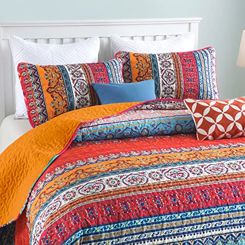 WONGS BEDDING Boho Queen Quilt Set, Orange and Blue Bohemian Queen Quilt Bedding Set, Lightweight Bed Decor Bedspread for All Season 96"x90"(3 Pieces) - Image 2