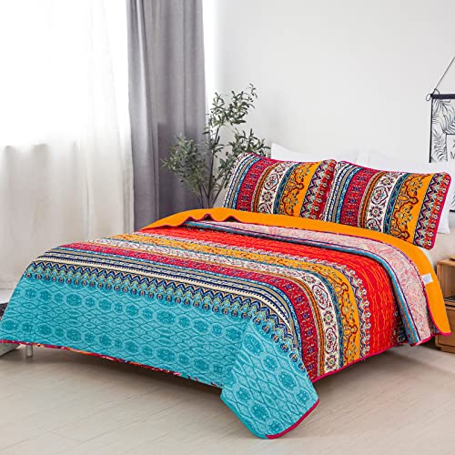 WONGS BEDDING Boho Queen Quilt Set, Orange and Blue Bohemian Queen Quilt Bedding Set, Lightweight Bed Decor Bedspread for All Season 96"x90"(3 Pieces) - Image 4