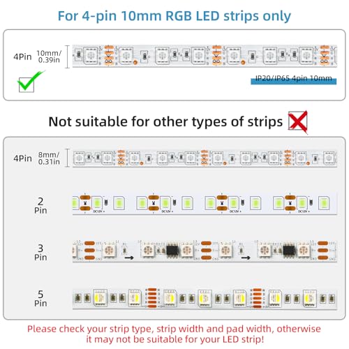 RGBZONE 4 Pin 10mm LED Strip Connector Kit 32.8ft 4 Pin RGB Extension Wire and 5 Pcs 4 Pin LED Strip to Wire Connectors for 10mm IP20/IP65 5050 3528 SMD RGB LED Strip Light - Image 3