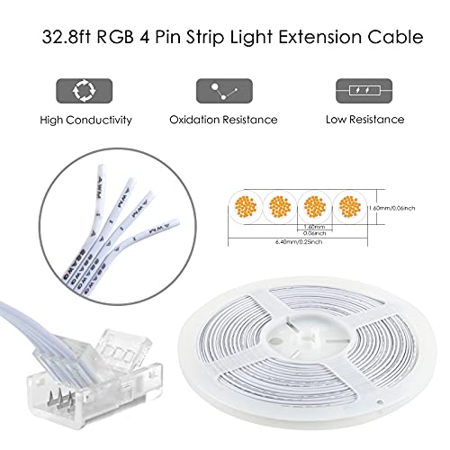 RGBZONE 4 Pin 10mm LED Strip Connector Kit 32.8ft 4 Pin RGB Extension Wire and 5 Pcs 4 Pin LED Strip to Wire Connectors for 10mm IP20/IP65 5050 3528 SMD RGB LED Strip Light - Image 5