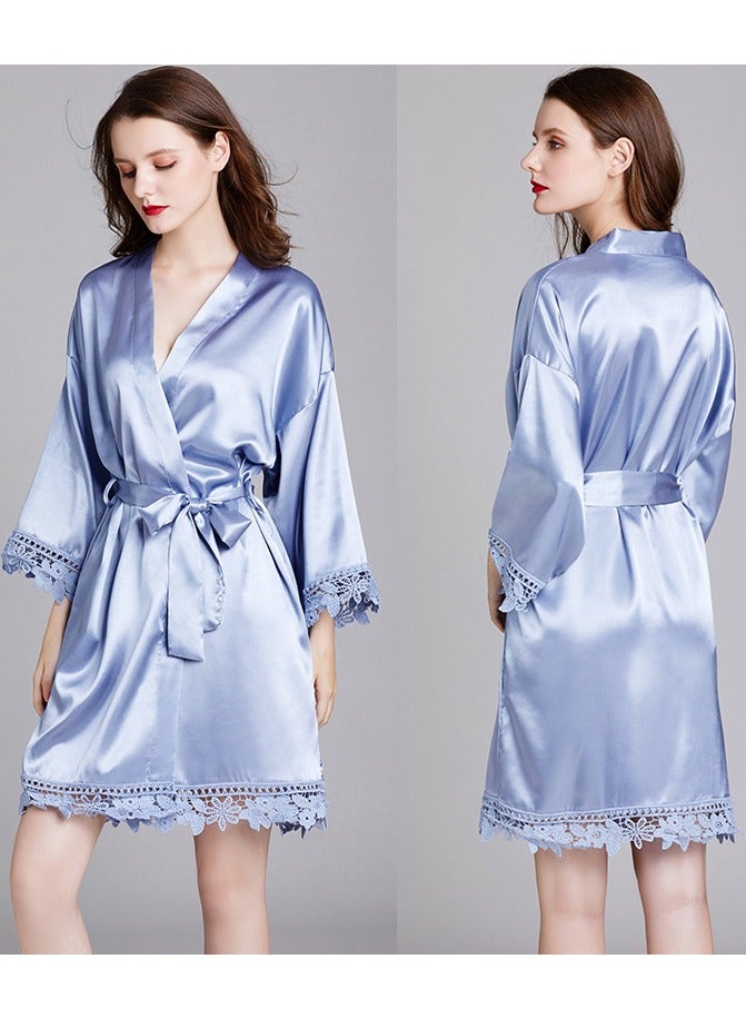 Loquat Women's Lace Stitching Loose Nightgown Night-Robe Solid Color Soft Bathrobe Loungewear Pale Blue