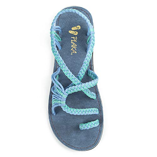 Plaka Palm Leaf Flat Summer Sandals for Women | Perfect for the Beach Walking & Dressy Occasions | Cornflower | Size 9 - Image 1