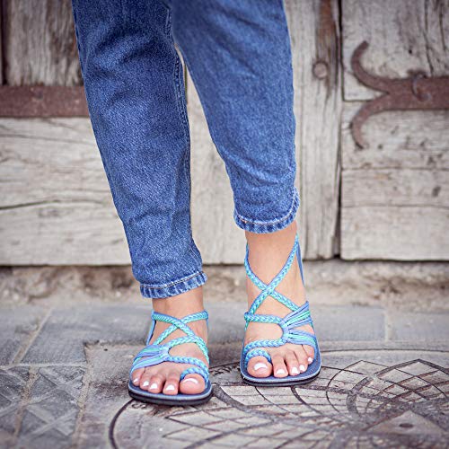 Plaka Palm Leaf Flat Summer Sandals for Women | Perfect for the Beach Walking & Dressy Occasions | Cornflower | Size 9 - Image 4