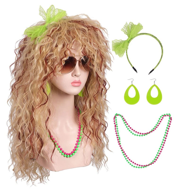 FantaLook Women Long Curly 80s Blonde with Reddish Brown Cosplay Wig with Lace Headband Earrings and Necklace for Halloween