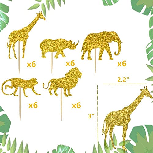Festiko® 30 Pcs Gold Glitter Jungle Safari Animal Cupcake Toppers Jungle Animals Cake Decorations for Jungle safari Animals Party Birthday Party - Image 5