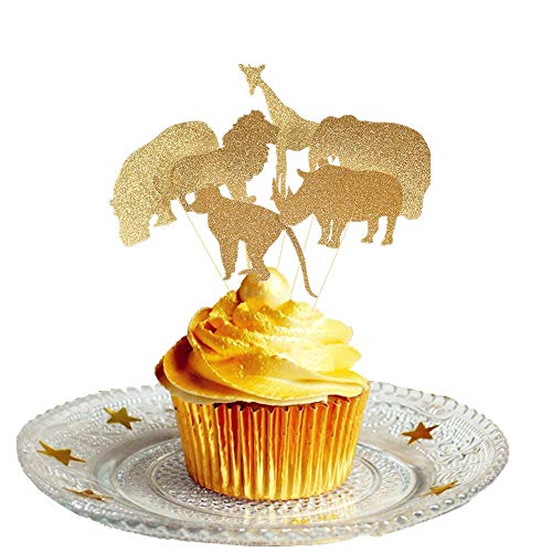 Festiko® 30 Pcs Gold Glitter Jungle Safari Animal Cupcake Toppers Jungle Animals Cake Decorations for Jungle safari Animals Party Birthday Party - Image 2