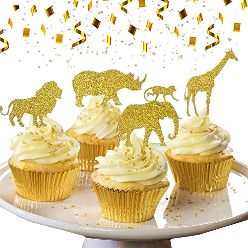 Festiko® 30 Pcs Gold Glitter Jungle Safari Animal Cupcake Toppers Jungle Animals Cake Decorations for Jungle safari Animals Party Birthday Party - Image 1