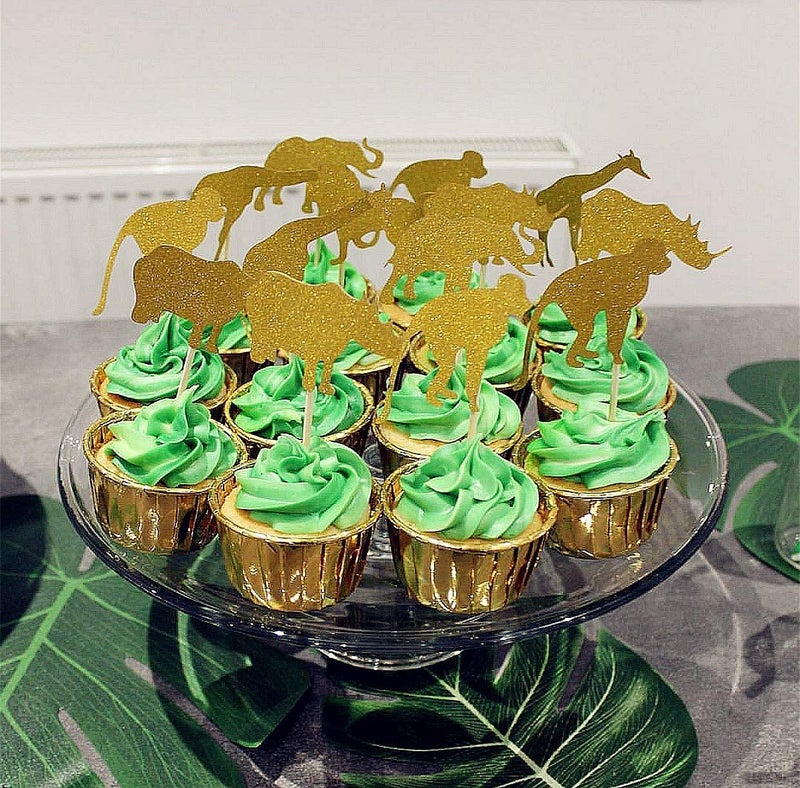 Festiko® 30 Pcs Gold Glitter Jungle Safari Animal Cupcake Toppers Jungle Animals Cake Decorations for Jungle safari Animals Party Birthday Party - Image 3