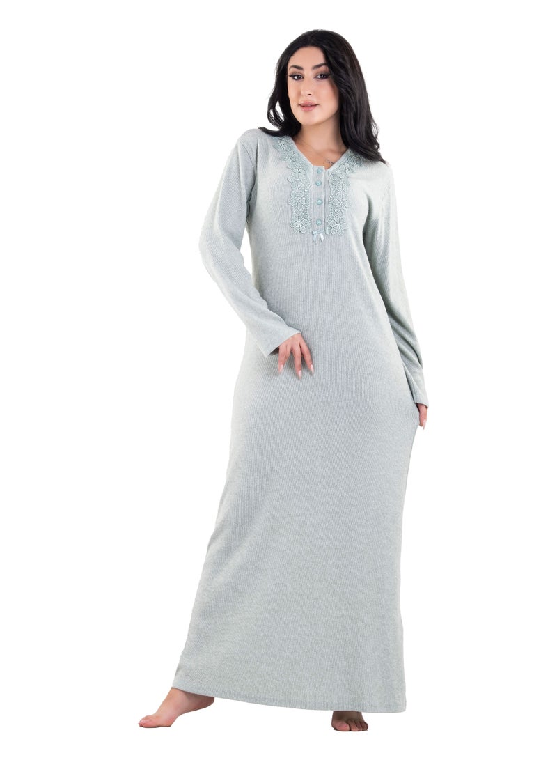 Dadoush Women's winter abaya with long sleeves, wool material, green color 