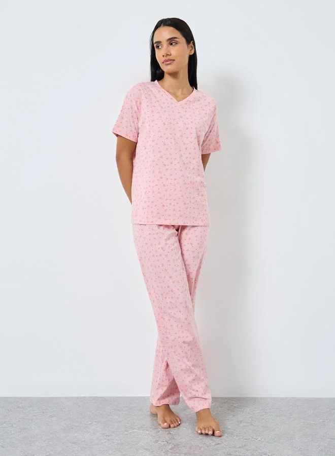 Styli Styli Cotton Bow Star Print V Neck T-Shirt and Pyjama Set