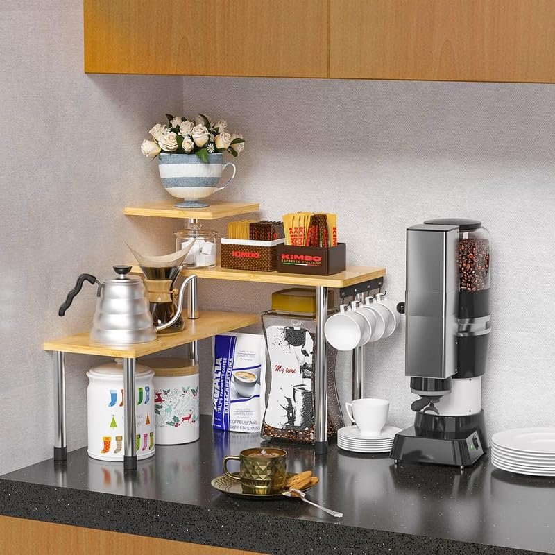 ZHWS Kitchen Countertop Organizer Spice Rack for Salt, Bathroom Counter Organizer Over Sink for Makeup, Skincare, Adjustable 3-Tier Corner Counter Shelf with 4 Hooks for Coffee Bar Dresser Table - Image 2