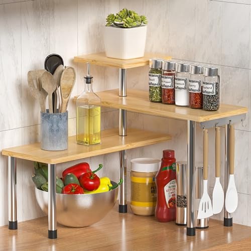 ZHWS Kitchen Countertop Organizer Spice Rack for Salt, Bathroom Counter Organizer Over Sink for Makeup, Skincare, Adjustable 3-Tier Corner Counter Shelf with 4 Hooks for Coffee Bar Dresser Table - Image 1