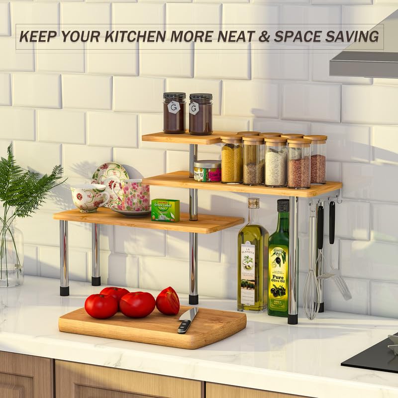 ZHWS Kitchen Countertop Organizer Spice Rack for Salt, Bathroom Counter Organizer Over Sink for Makeup, Skincare, Adjustable 3-Tier Corner Counter Shelf with 4 Hooks for Coffee Bar Dresser Table - Image 3