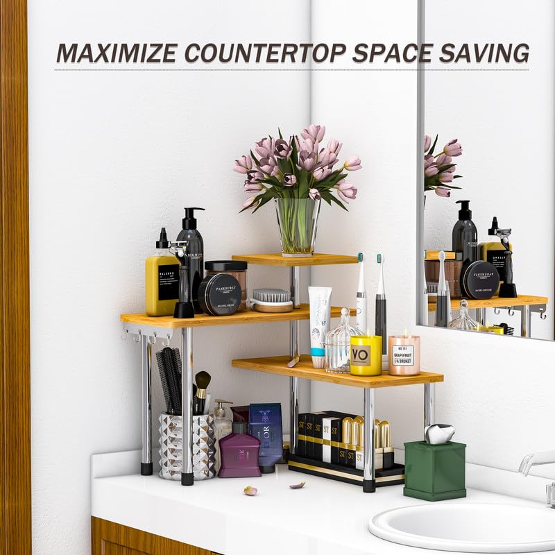 ZHWS Kitchen Countertop Organizer Spice Rack for Salt, Bathroom Counter Organizer Over Sink for Makeup, Skincare, Adjustable 3-Tier Corner Counter Shelf with 4 Hooks for Coffee Bar Dresser Table - Image 5