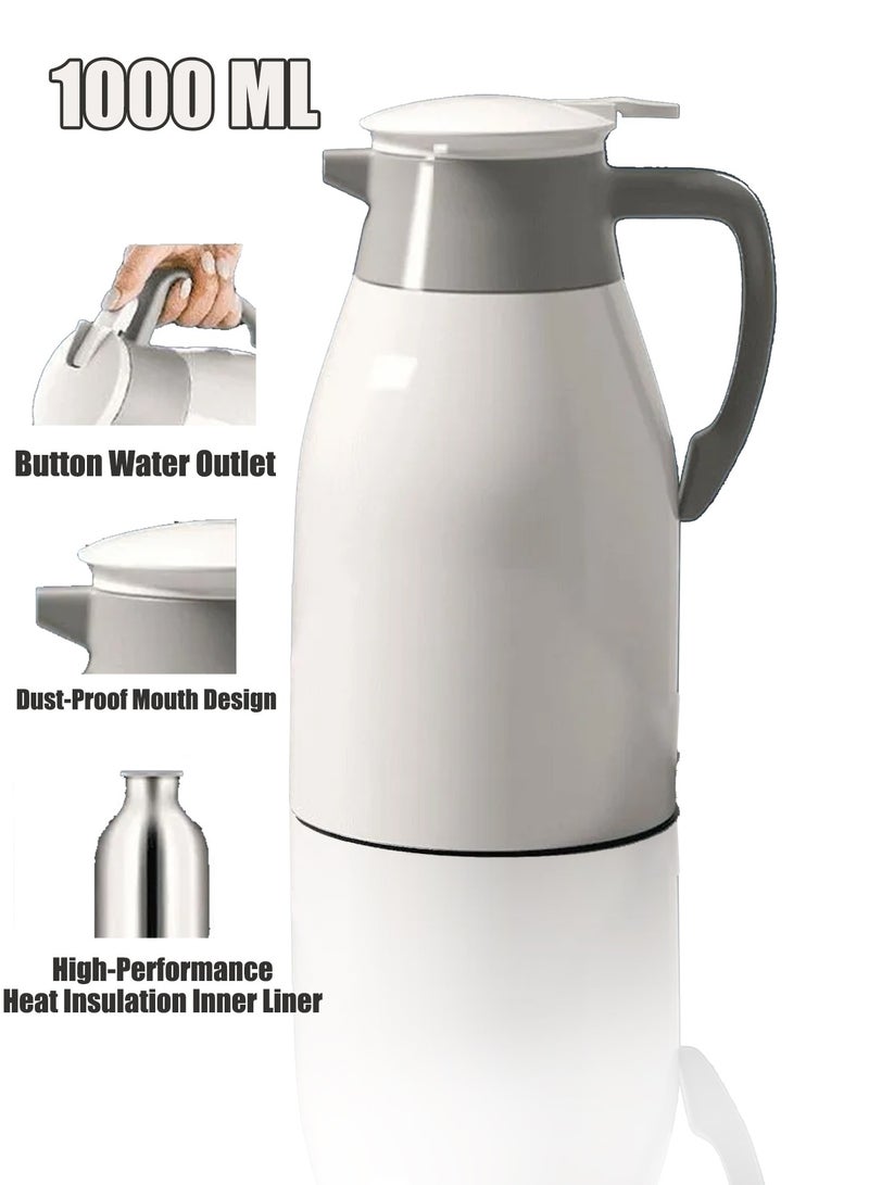 زجاجة حرارية سعة 1000 مل - قارورة مفرغة من الهواء بسعة كبيرة مع بطانة زجاجية، عزل حراري سميك، مادة آمنة للاستخدام في الطعام، صب بزر واحد، فوهة مقاومة للغبار - زجاجة ماء ساخنة متينة للمنزل والمكتب والسفر واستخدام كبار السن (أبيض) - Image 1