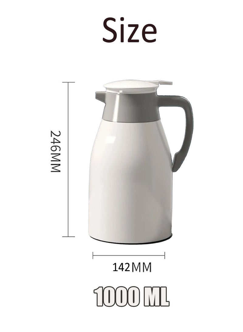 زجاجة حرارية سعة 1000 مل - قارورة مفرغة من الهواء بسعة كبيرة مع بطانة زجاجية، عزل حراري سميك، مادة آمنة للاستخدام في الطعام، صب بزر واحد، فوهة مقاومة للغبار - زجاجة ماء ساخنة متينة للمنزل والمكتب والسفر واستخدام كبار السن (أبيض) - Image 2