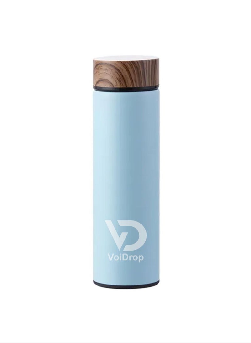 450 ML Insulated Water Bottle Stainless Steel  Water Bottle With Wooden Design lid, Water bottle with filter For Travel School Water Bottle Lightweight Water Bottle Sky Blue  - Image 1