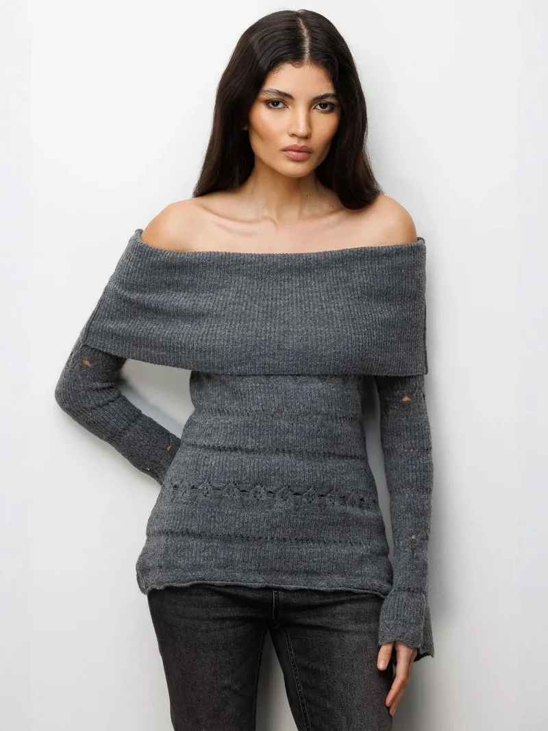 MixRay MIXRAY Off Shoulder Textured Ribbed Sweater with Cut Out Details