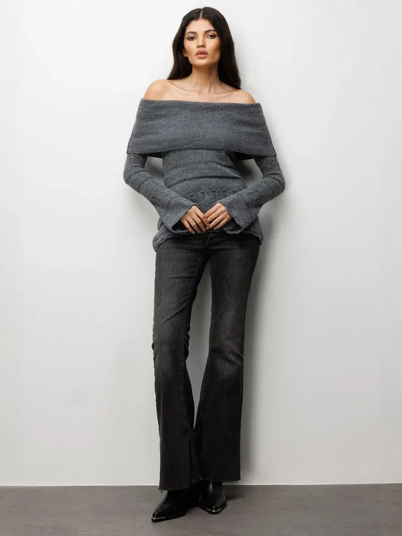 MixRay MIXRAY Off Shoulder Textured Ribbed Sweater with Cut Out Details