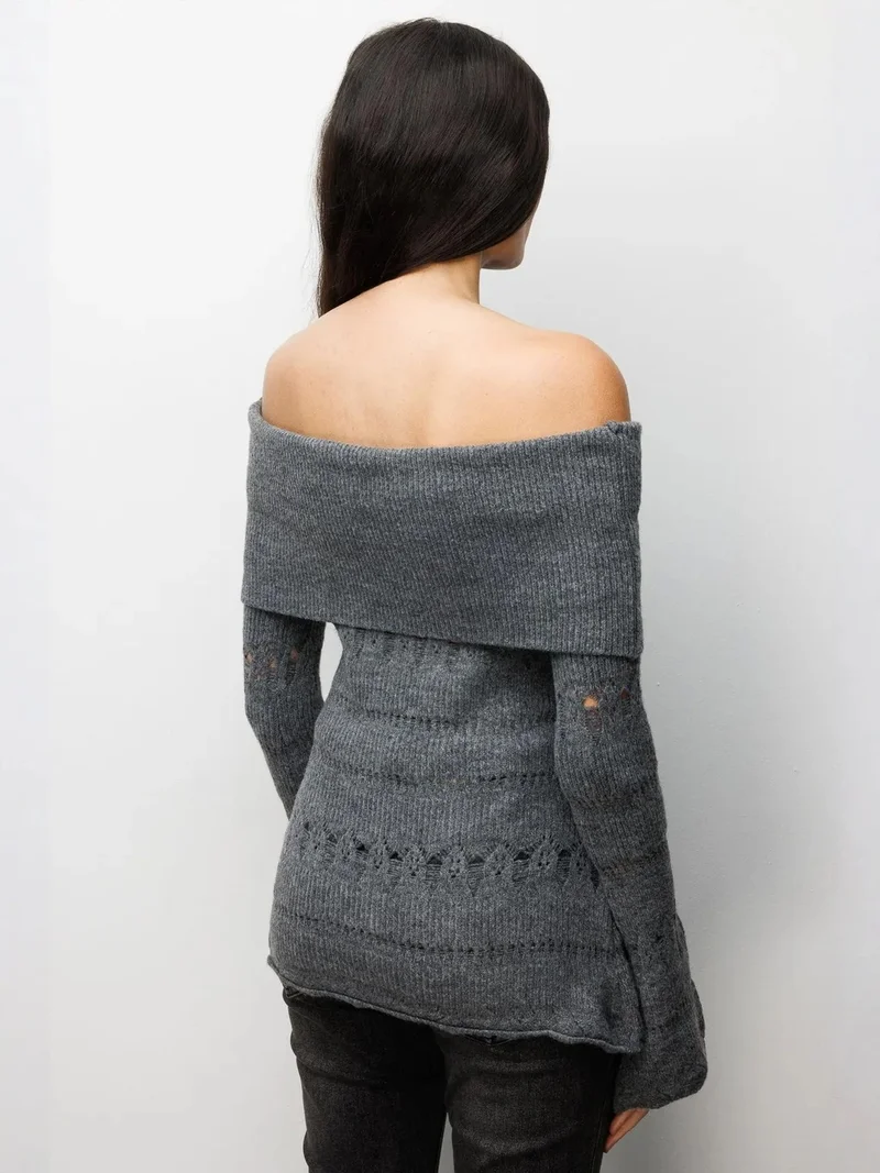 Mixray Dark Grey MIXRAY Off Shoulder Textured Ribbed Sweater with Cut Out Details for Women | Best Price UAE