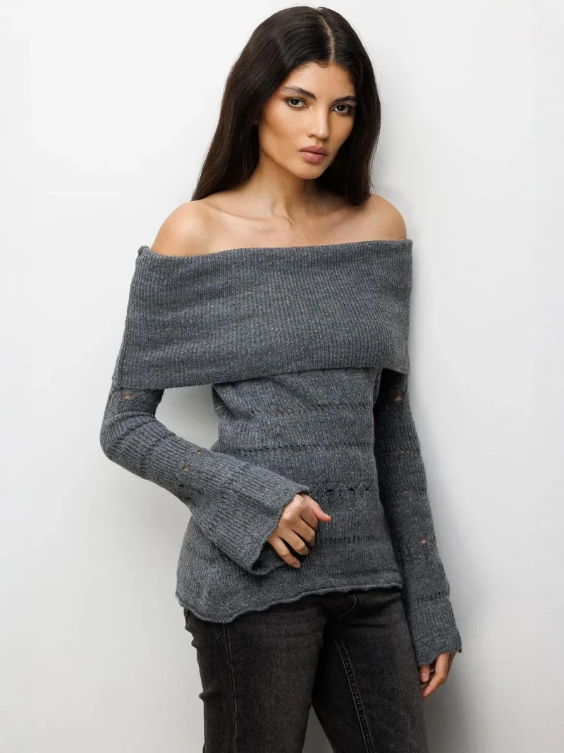 Mixray Dark Grey MIXRAY Off Shoulder Textured Ribbed Sweater with Cut Out Details for Women | Best Price UAE