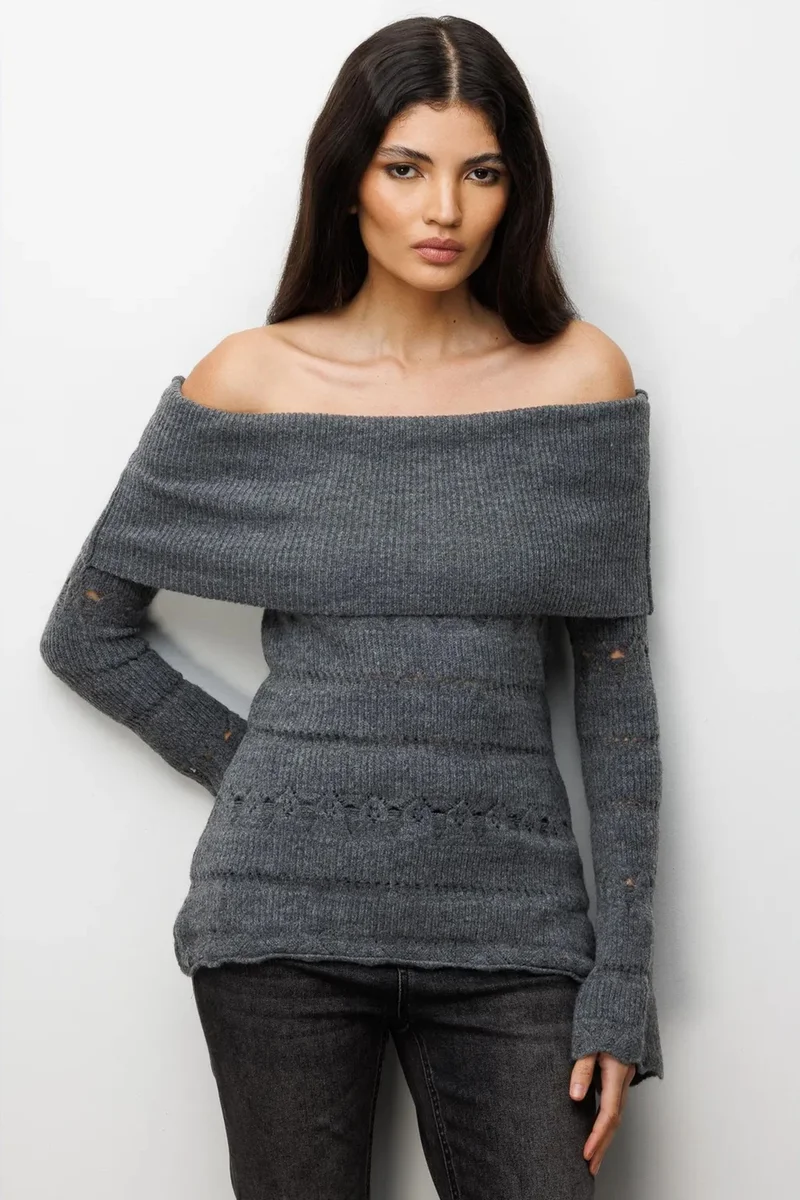 Mixray MIXRAY Off Shoulder Textured Ribbed Sweater with Cut Out Details