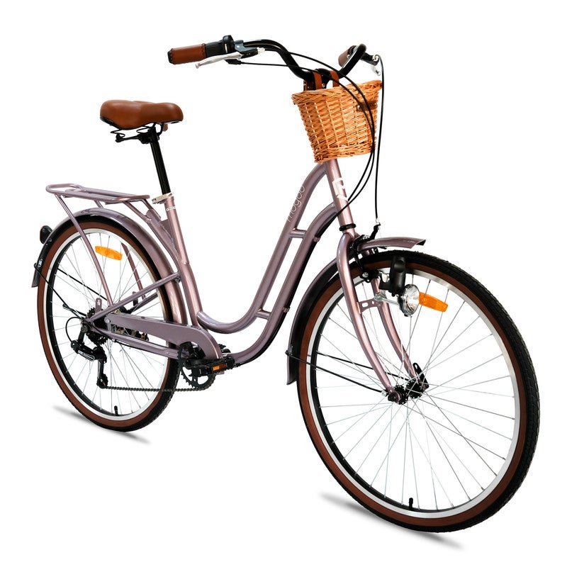 MOGOO Florida Vintage 26-Inch City Bike For Women & Girls, 26 Inch Wheel Sizes | Shimano 6-Speed Drivetrain | Durable Steel Step-Through Frame with Front Wicker Basket | Rear Carrier & Dynamo LED Headlight - Lavender - Image 2