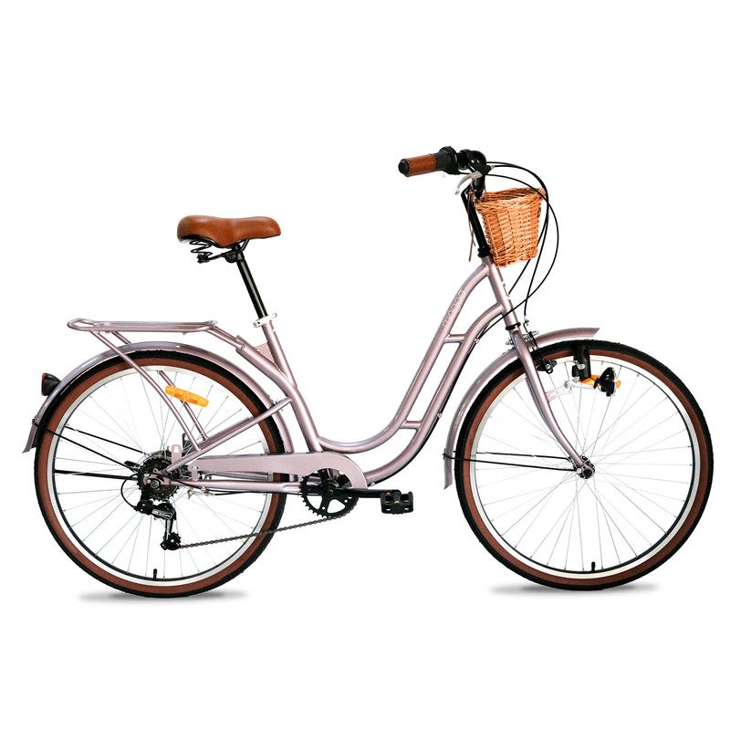 Florida Vintage 26-Inch City Bike For Women & Girls, 26 Inch Wheel Sizes | Shimano 6-Speed Drivetrain | Durable Steel Step-Through Frame with Front Wicker Basket | Rear Carrier & Dynamo LED Headlight - Lavender