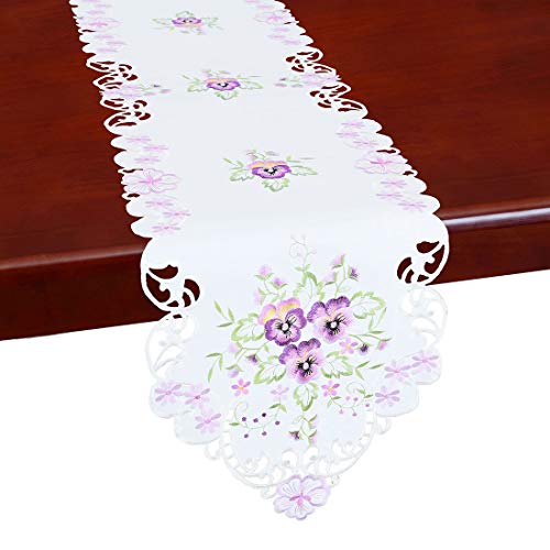 Simhomsen Floral Table Runners, Embroidered Purple Pansy Flowers on Cream-White Background (14 × 69 Inch) - Image 5