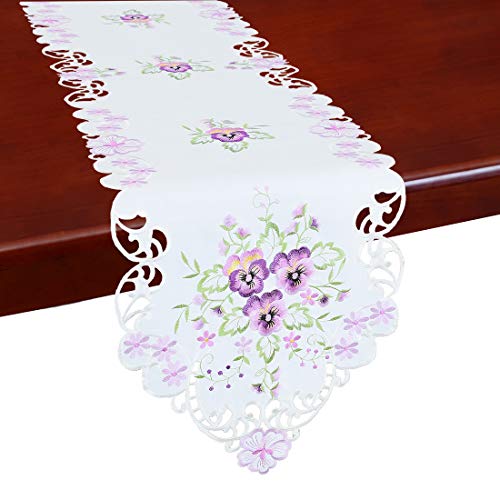 Simhomsen Floral Table Runners, Embroidered Purple Pansy Flowers on Cream-White Background (14 × 69 Inch) - Image 1