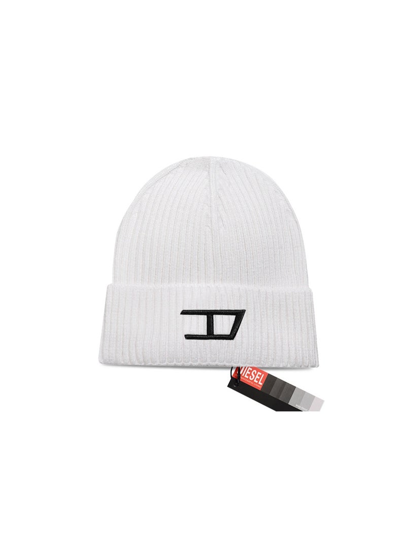 Diesel White Ribbed Knit Beanie (Black Embroidered Logo)