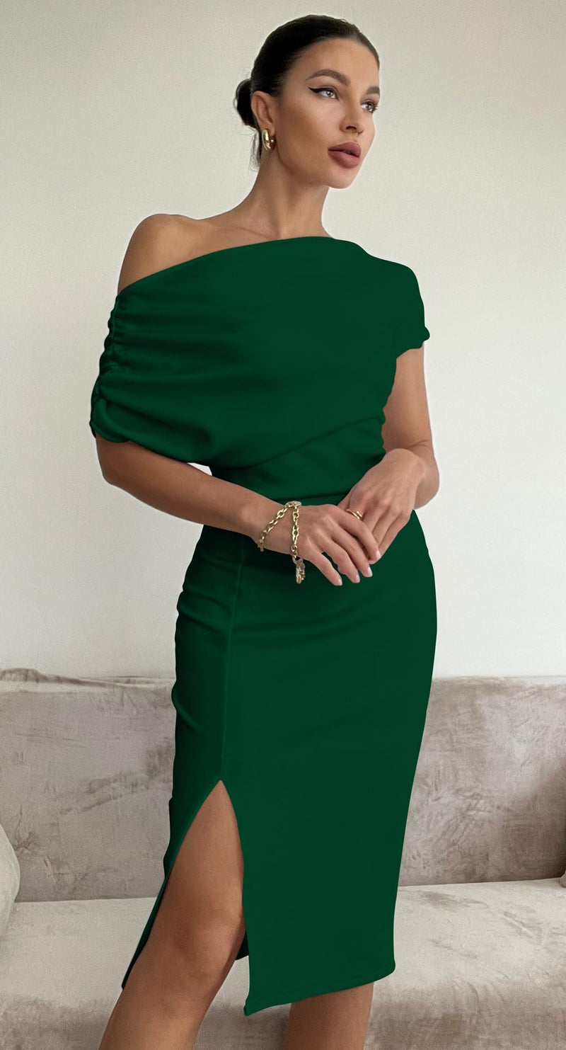 Memoriesea Women's Elegant Off Shoulder Split Hem Bodycon Ruched Midi Club Party Dress Green - Image 4