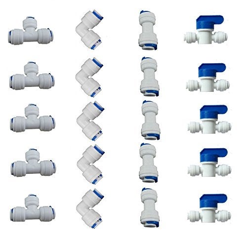 Liimevvon 1/4" OD Quick Connect Push In to Connect for RO Water Reverse Osmosis System Water Tube Fitting Set Of 20 (ball valve+T+I+L Type Combo) - Image 1