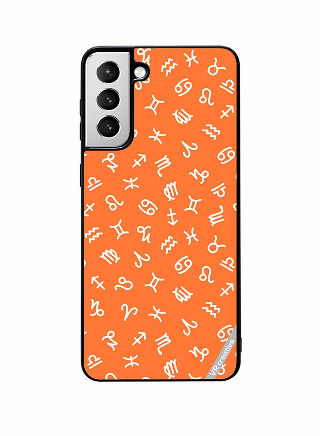VR CREATIVE Protective Case Cover For Samsung Galaxy S22 5G Orange Seamless Pattern With White Zodiac Signs Design Multicolour - Image 1