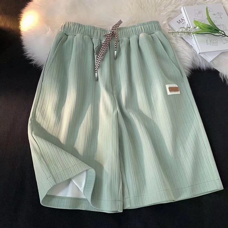 Pajama Pants Ice Silk Shorts Mens Summer Trendy Brand Solid Color All-match Sports Knee-length Pants Hong Kong-style Loose Casual Pants K12 green - Image 1