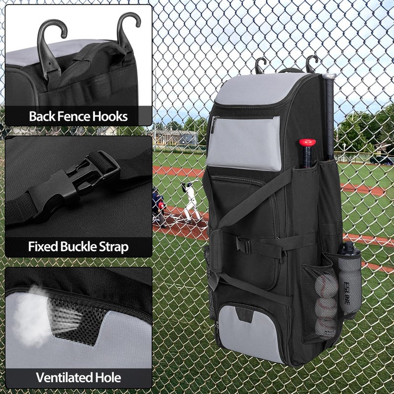 GOBUROS Rolling Baseball Bag for 4 Bats, Black Softball Bag with Wheels, Large Baseball Equipment Bag with Separate Shoe Compartment and Glove Pocket - Image 4