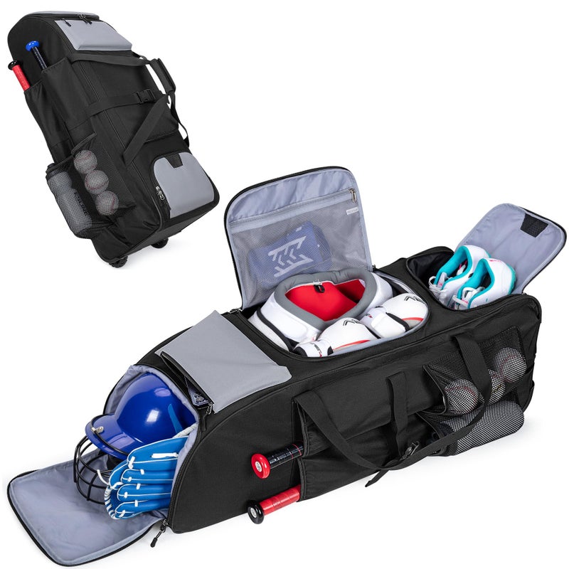 GOBUROS Rolling Baseball Bag for 4 Bats, Black Softball Bag with Wheels, Large Baseball Equipment Bag with Separate Shoe Compartment and Glove Pocket - Image 1