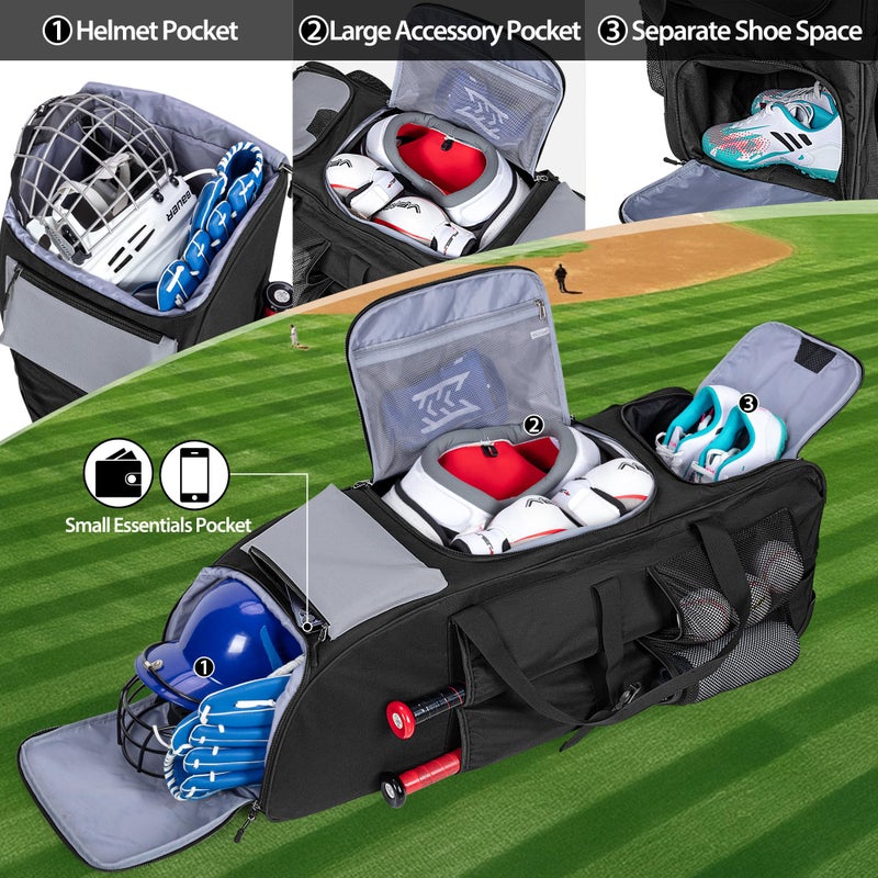 GOBUROS Rolling Baseball Bag for 4 Bats, Black Softball Bag with Wheels, Large Baseball Equipment Bag with Separate Shoe Compartment and Glove Pocket - Image 2
