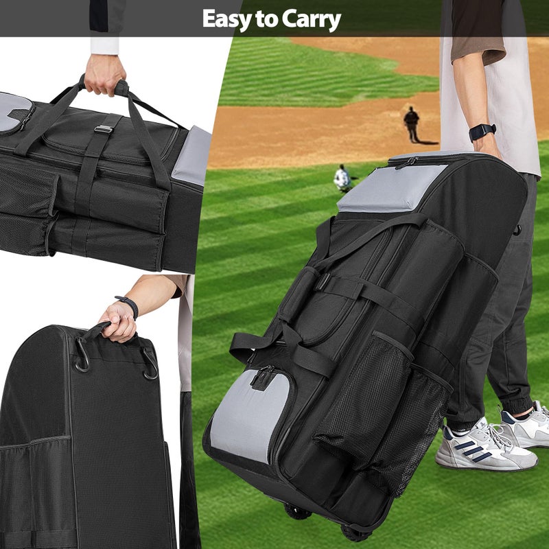 GOBUROS Rolling Baseball Bag for 4 Bats, Black Softball Bag with Wheels, Large Baseball Equipment Bag with Separate Shoe Compartment and Glove Pocket - Image 5