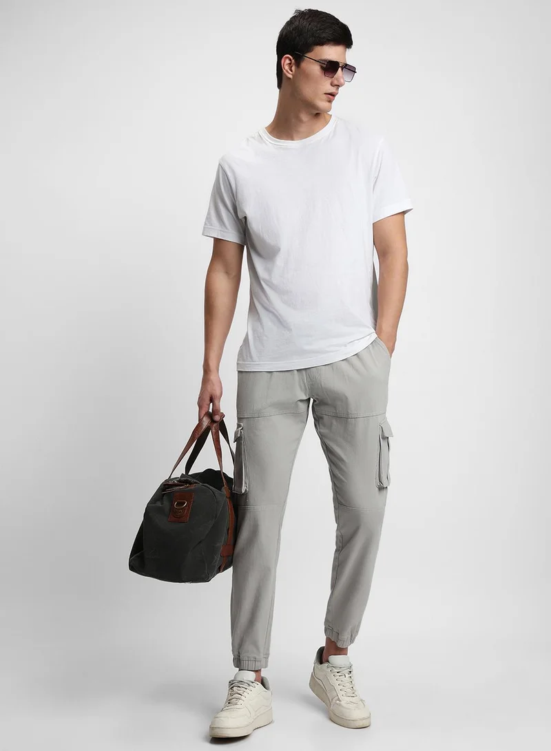 Men'S Light Grey 100% Cotton Solid Pattern Full Length Slim Fit Trouser