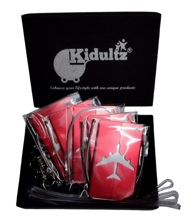 Kidultz (Set of 5) Aluminum Alloy Metallic Luggage Tags Handle Wraps with Stainless Loop Anti-Break for Travel Identification Suitcase Bag Tag, School & Office Bags (Red) - Image 1