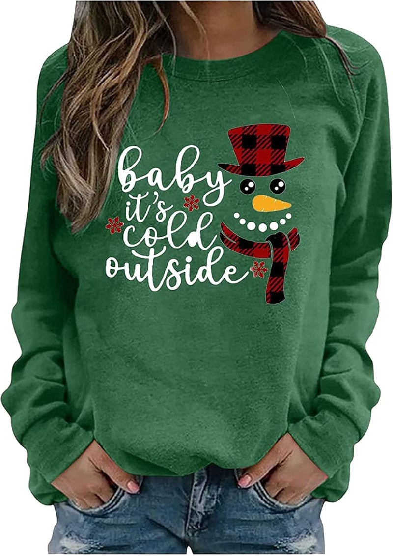 woobles Women Graphic T Shirt Tops 2021 Autumn Winter New Long-Sleeved Christmas O-Neck T-Shirt Ladies Daily Clothes Christmas Xmas Gifts Cute Christmassy Jumper Loose Oversize Girls Xmas Tops Casual - Image 1