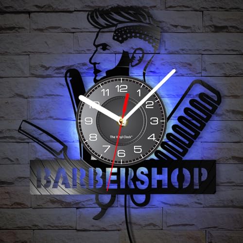 Timethink 12 Inch Barber Shop LED Wall Clock with 7 Colors Changing, Vintage Decorative Analog Black Vinyl Record Wall Clock Silent Quartz Non Ticking for Barber Shop Decor Hairdressers Gifts - Image 1