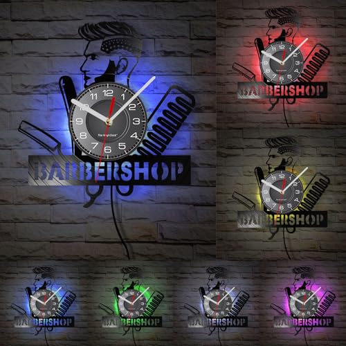 Timethink 12 Inch Barber Shop LED Wall Clock with 7 Colors Changing, Vintage Decorative Analog Black Vinyl Record Wall Clock Silent Quartz Non Ticking for Barber Shop Decor Hairdressers Gifts - Image 2