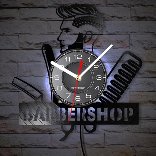Timethink 12 Inch Barber Shop LED Wall Clock with 7 Colors Changing, Vintage Decorative Analog Black Vinyl Record Wall Clock Silent Quartz Non Ticking for Barber Shop Decor Hairdressers Gifts - Image 4