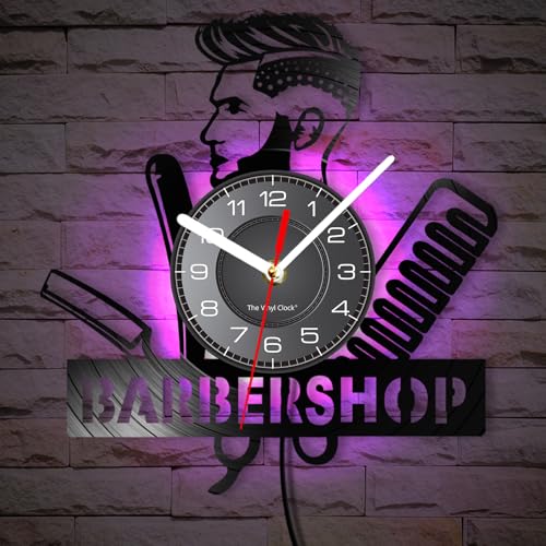 Timethink 12 Inch Barber Shop LED Wall Clock with 7 Colors Changing, Vintage Decorative Analog Black Vinyl Record Wall Clock Silent Quartz Non Ticking for Barber Shop Decor Hairdressers Gifts - Image 3