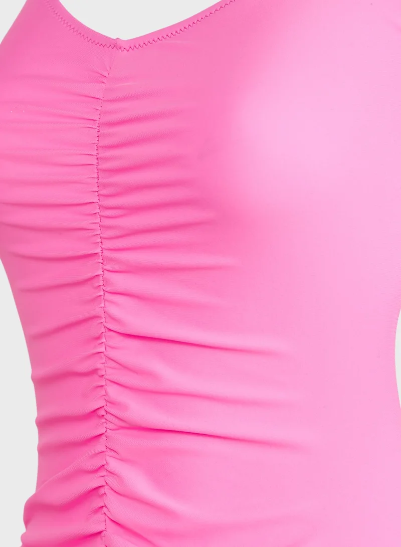 Missguided Ruched Front Plunge High Leg Swimsuit