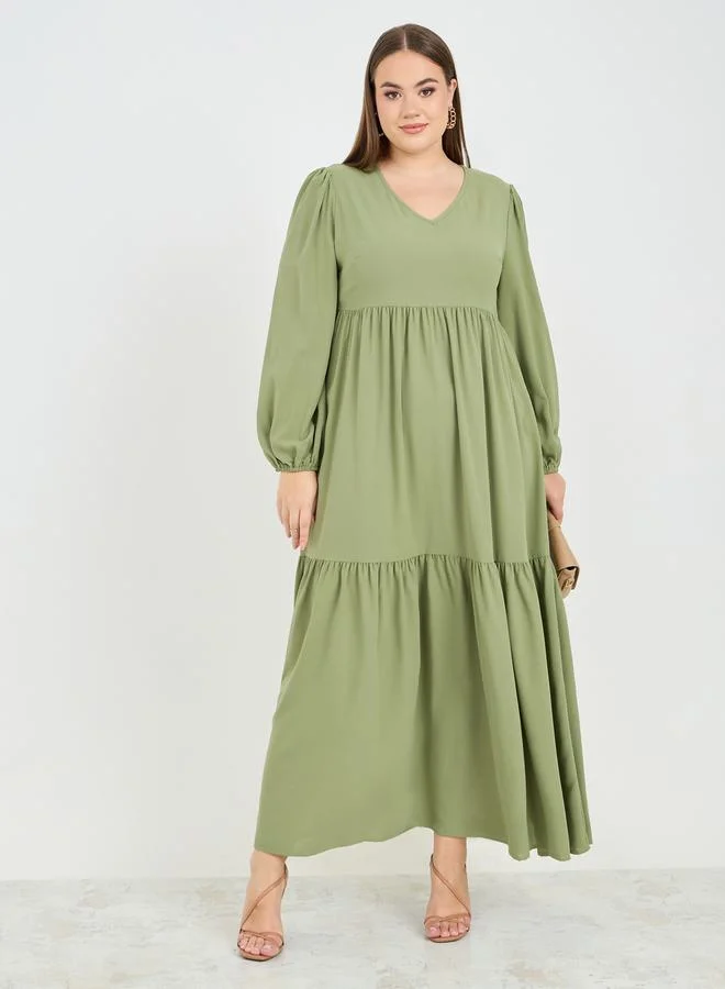 Styli Gathered Detail Tiered Maxi Dress
