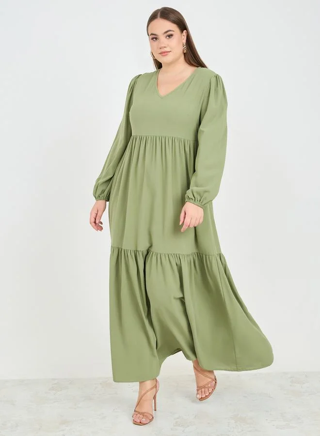 Styli Gathered Detail Tiered Maxi Dress